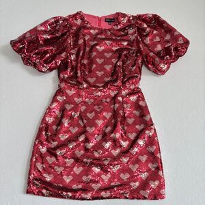 Sister Jane All Over Sequin Hearts Mini Dress Women's M Pink Puff Sleeves Party